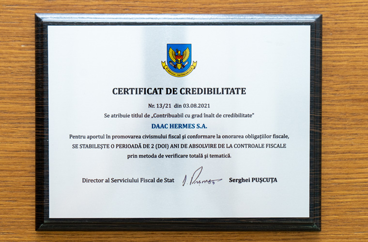 Compania DAAC Hermes S.A. a primit Certificatul de credibilitate ca cel mai onest contribuabil 2024