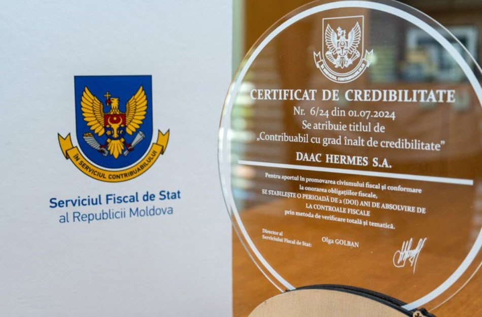 Compania DAAC Hermes S.A. a primit Certificatul de credibilitate ca cel mai onest contribuabil